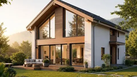 Hausbau-Beispiel: modernes Fertig Haus am Abend Modernes Fertighaus mit Holz- und Putzfassade in Abendstimmung als Beispiel für einen aktuellen Hausbau