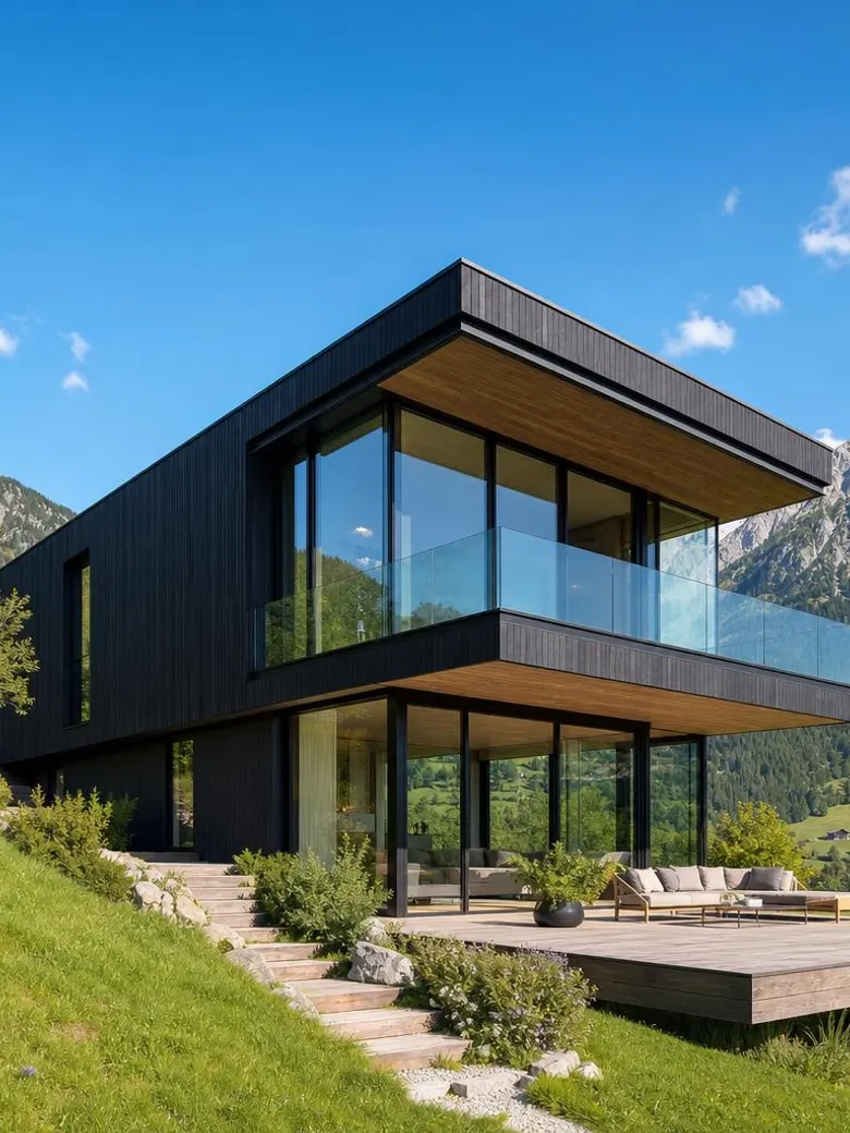 Modernes Fertig Haus in Architektenqualität im Hochformat Modernes mehrgeschossiges Fertighaus mit dunkler Holzfassade und bodentiefen Fenstern am sonnigen Hang unter blauem Himmel – Hausbau-Inspiration